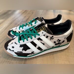 Adidas SL 72 OG Core Black White Cow Print Sneakers with Green Highlights